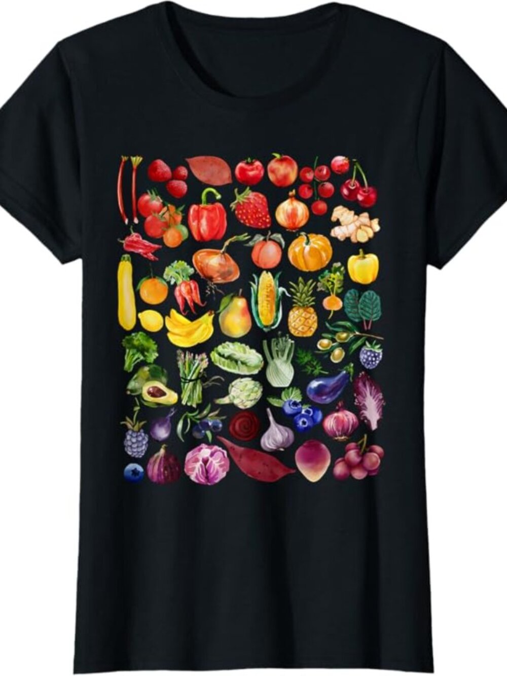 Boutique Black Rainbow Fruit & Vegetable Vegans Gardeners Vegetarian T-Shirt